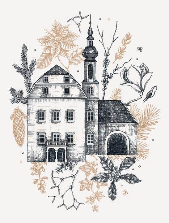 Christmas card template. Winter background. Architecture sketch. Vintage mansoin house, old castle drawing. Hand-drawn botanical illustration.NOT AI generated